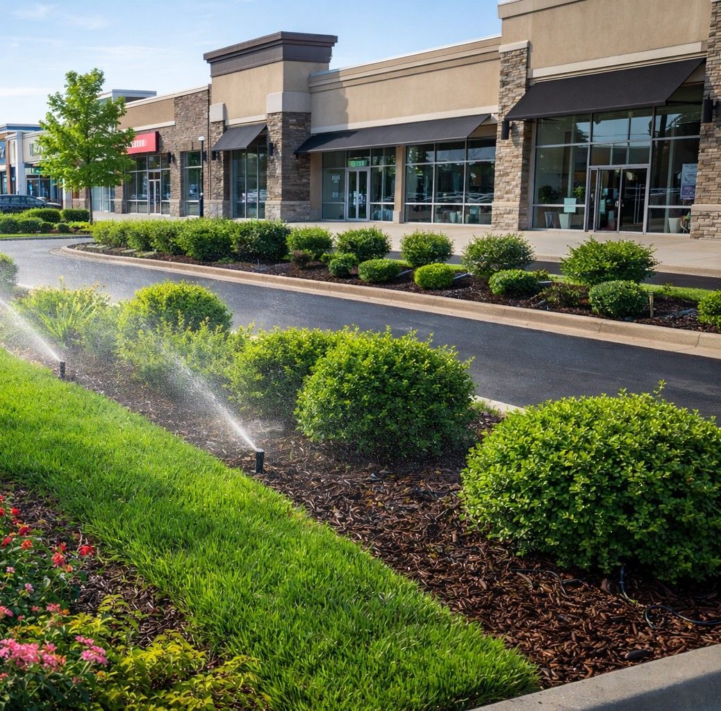 A sprinkler waters a row of shrubs and grass in front of a modern commercial shopping center.