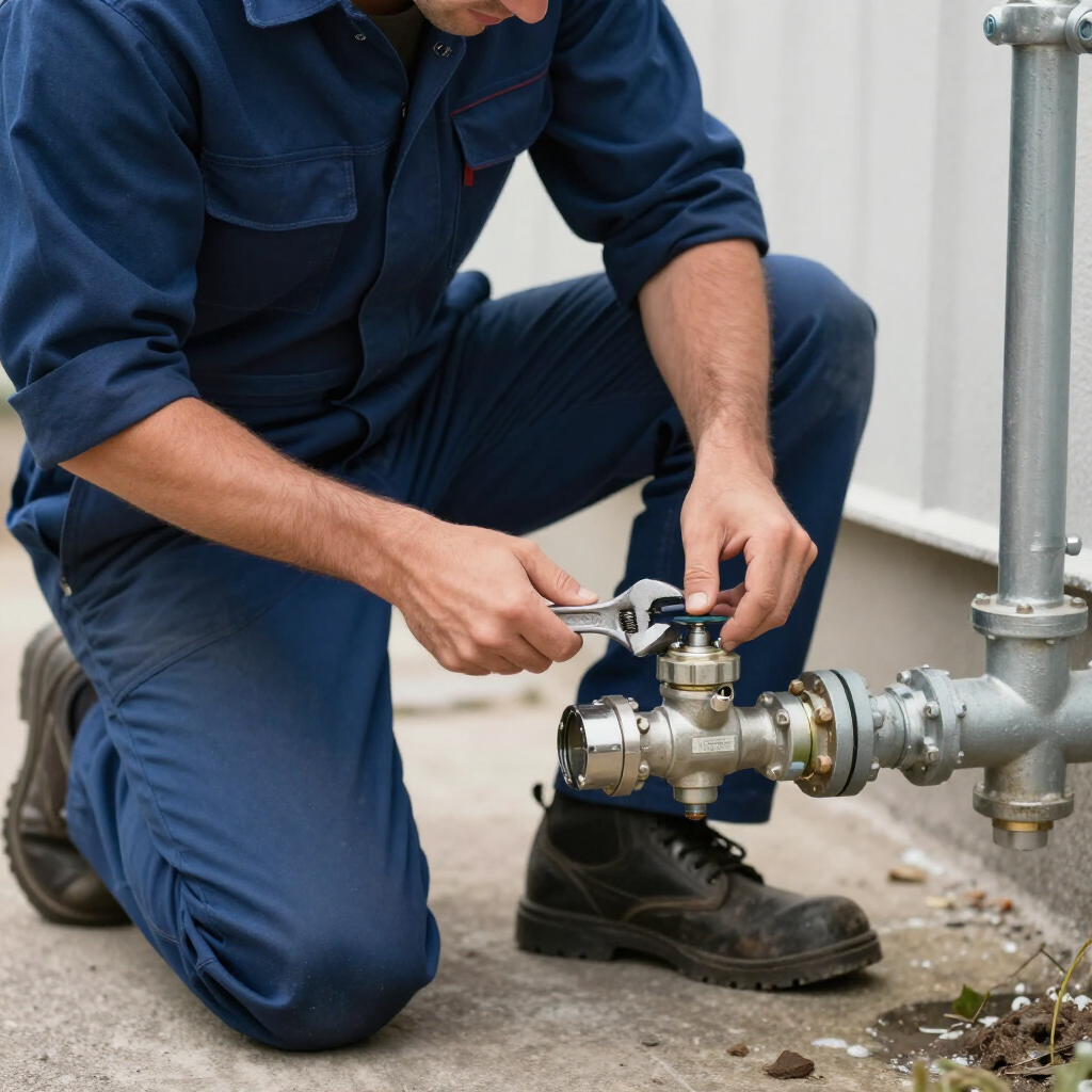 A technician in blue coveralls kneels on concrete, using an adjustable wrench to tighten a valve on a metal pipe system.