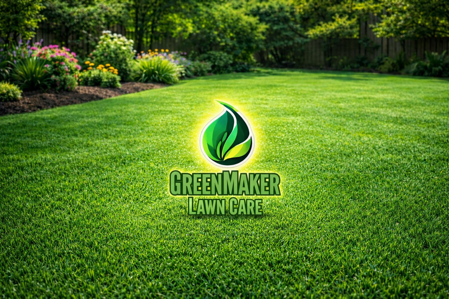 A GreenMaker Lawn Care logo over a vibrant green lawn with a playground in the background on a sunny day. A GreenMaker Lawn Care logo over a vibrant green lawn with a playground in the background on a sunny day.