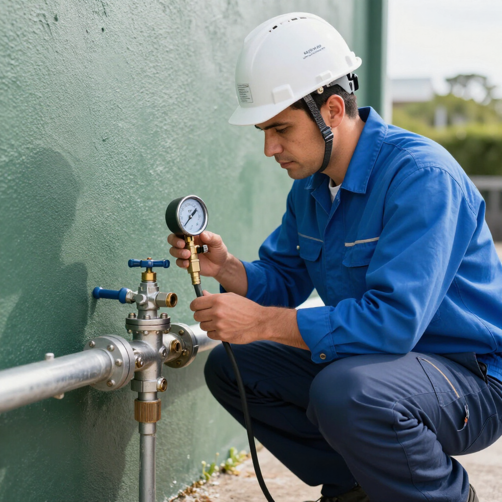 A technician in a blue uniform and hard hat squats to check the pressure gauge on an industrial pipe.