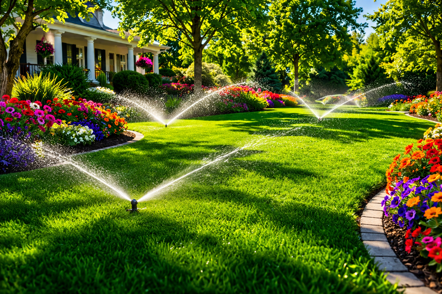 An orange and black lawn mower sits on a green, grassy lawn, cutting a path through the grass.