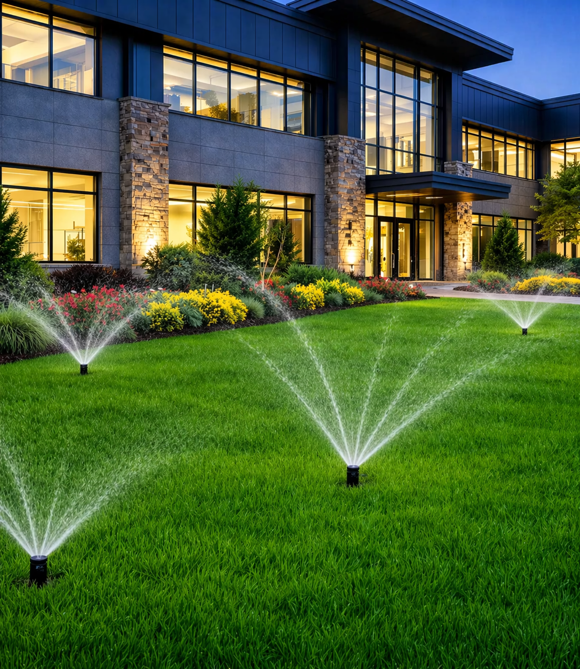 A multi-story stone home with a pool and patio, featuring a lush green lawn being watered by several garden sprinklers.