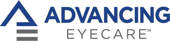 Logo of Advancing Eyecare with a blue upward-pointing arrow and the text.