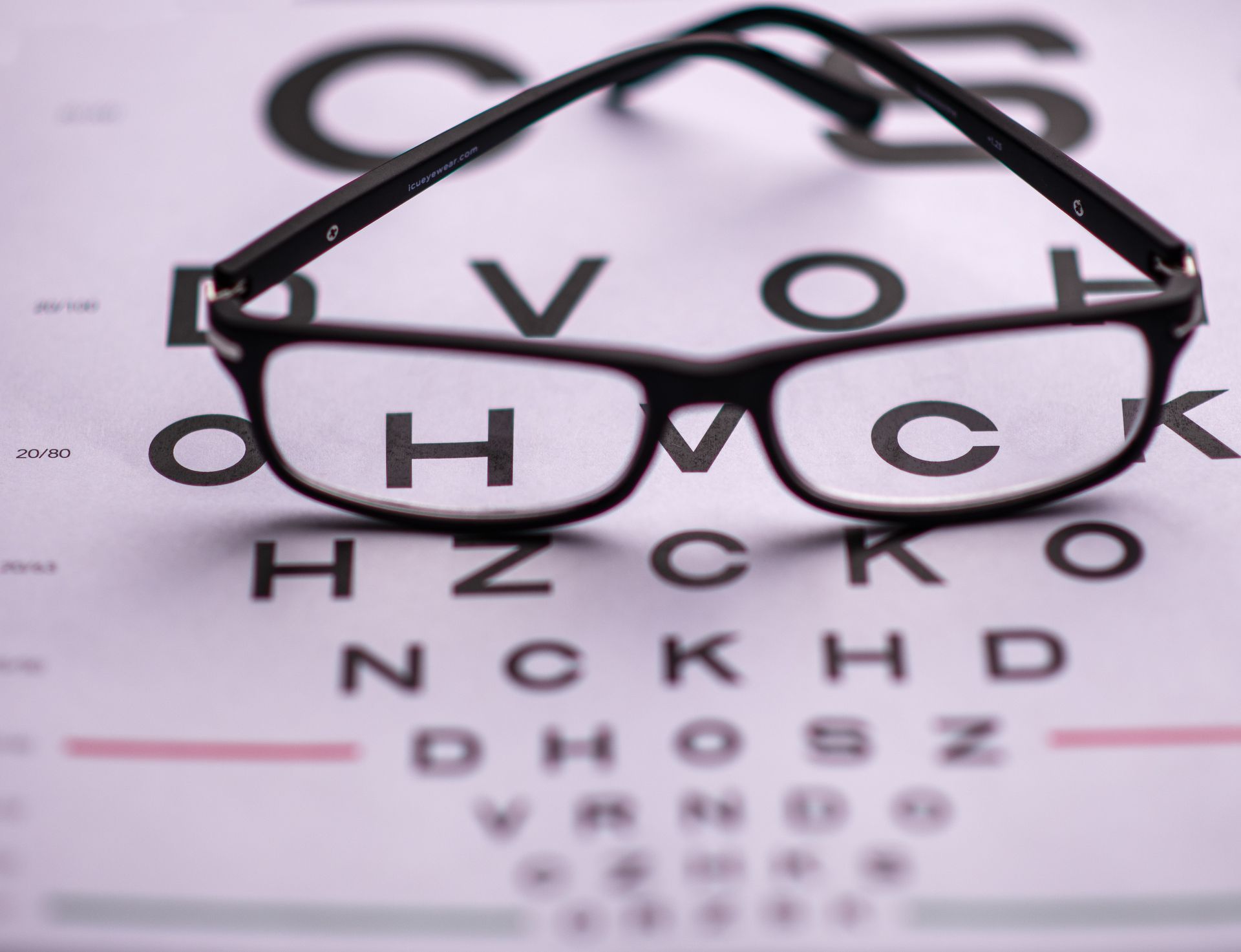 Eyeglasses resting on a vision chart with the letters