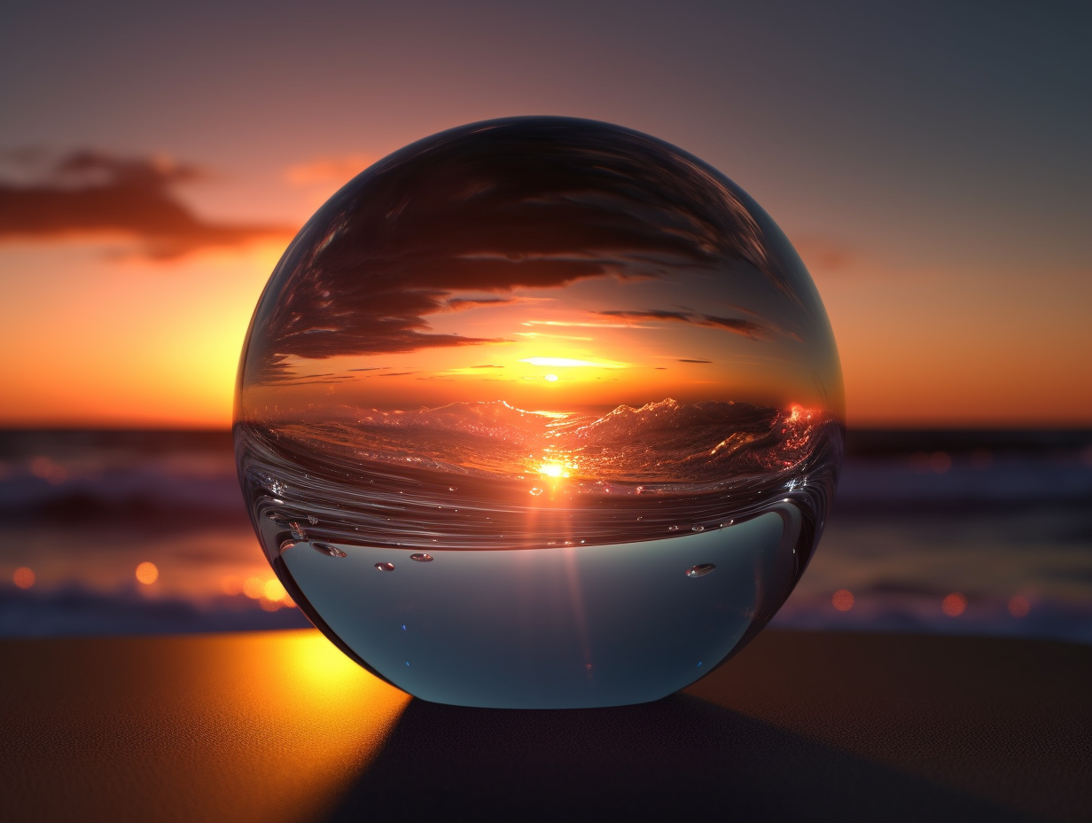 Glass orb reflecting a vibrant ocean sunset on a beach; orange and gold hues.