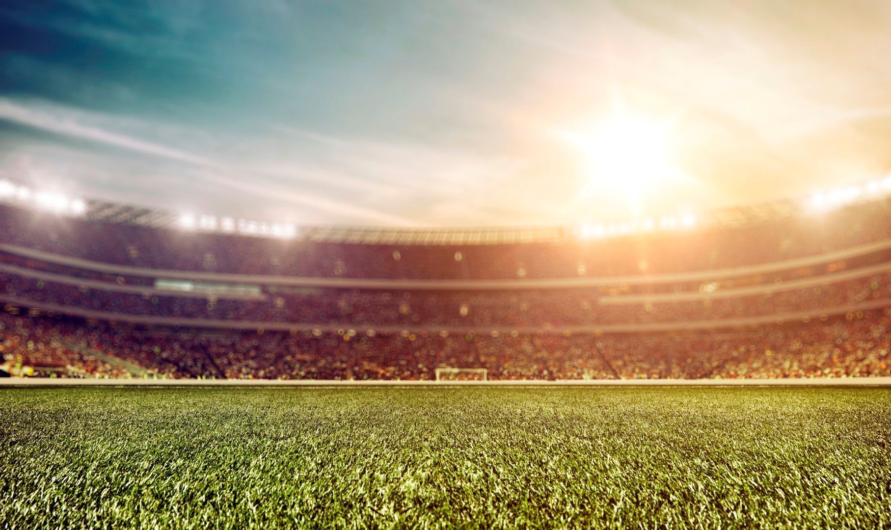 Green stadium field with blurred crowd, bright sunlight.