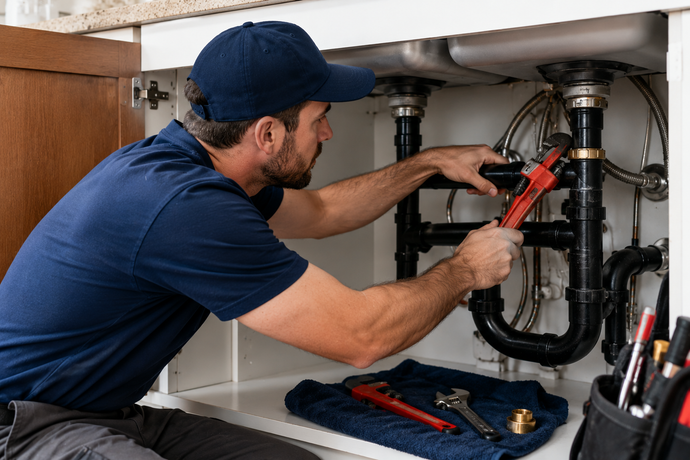 Plumber in blue uniform tightening under-sink pipes with a wrench in a kitchen cabinet