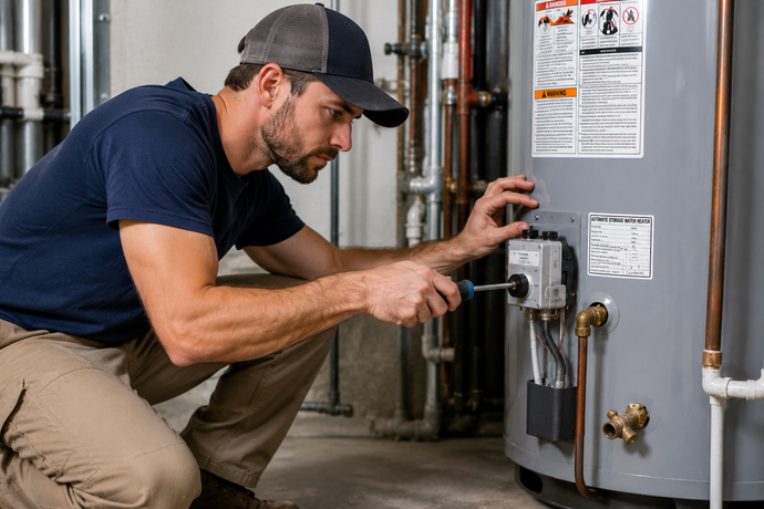 Technician adjusting a water heater control panel in a utility room