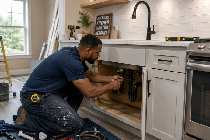 Plumber repairing pipes under a kitchen sink in a bright home kitchen
