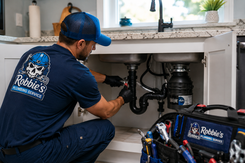 Plumber repairing sink pipes under a kitchen counter, with a tool bag beside him.