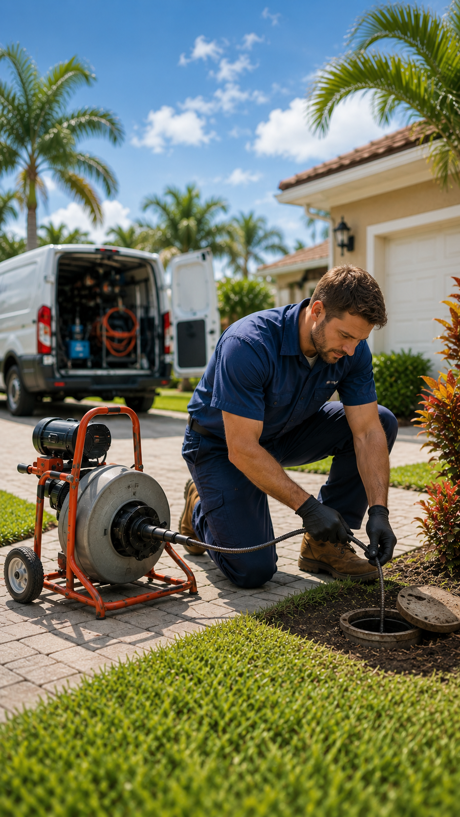 Technician repairing a sprinkler line in a suburban yard, with a utility van and tools nearby.