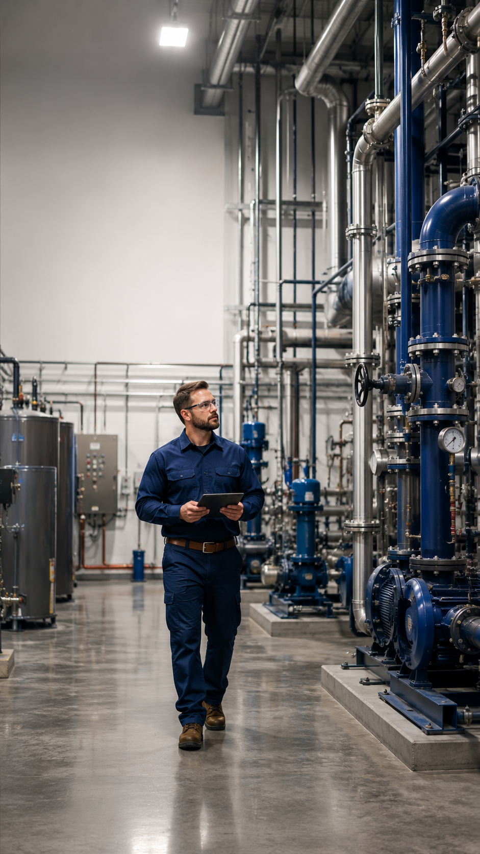 Technician walking in an industrial plant beside blue pipes and tall metal equipment