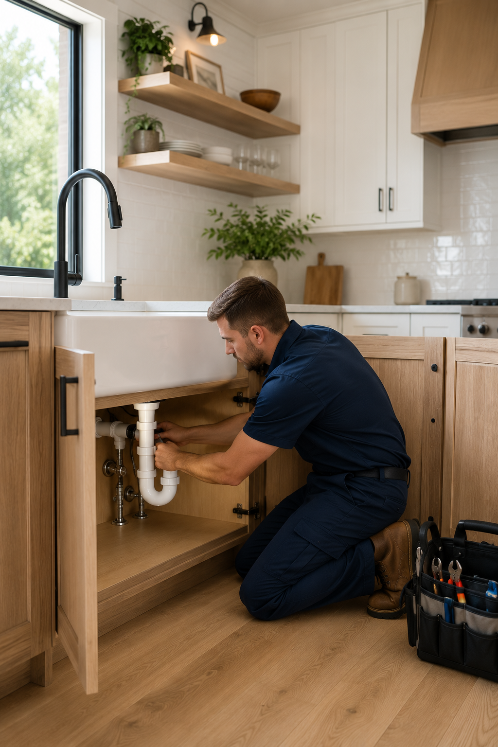 Plumber repairing under-sink pipes in a modern kitchen with wood cabinets and white countertops