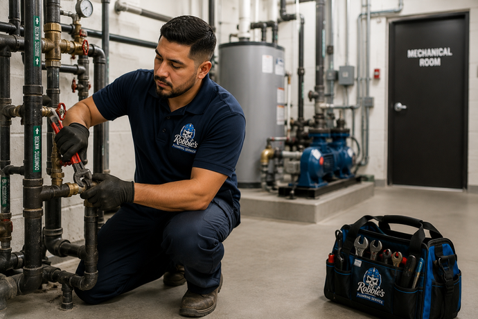 Technician kneels in a mechanical room, inspecting pipes beside a tool bag.