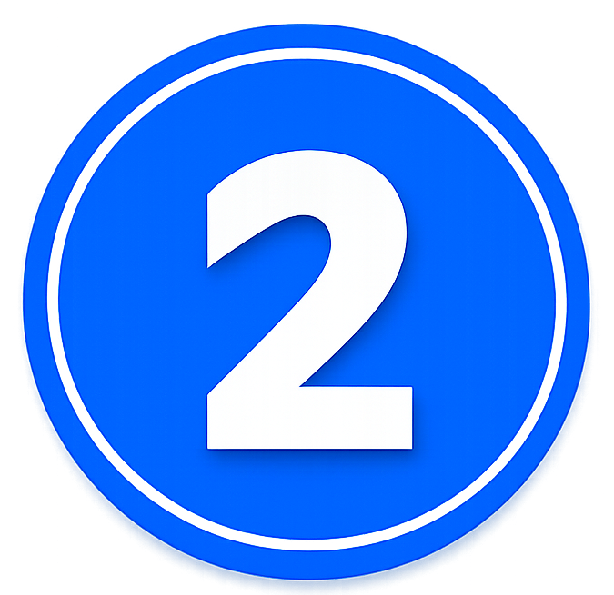 White number 2 on a blue circular badge with a white border