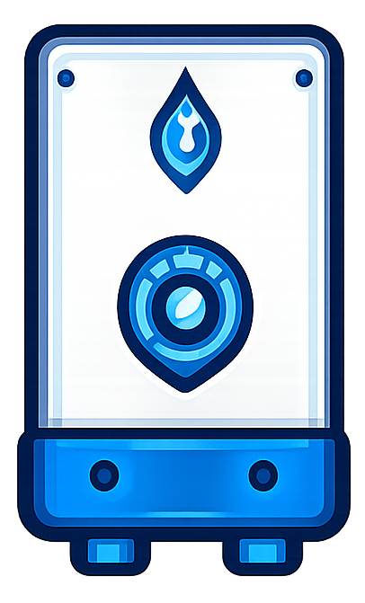Blue and white water heater icon with flame and temperature dial