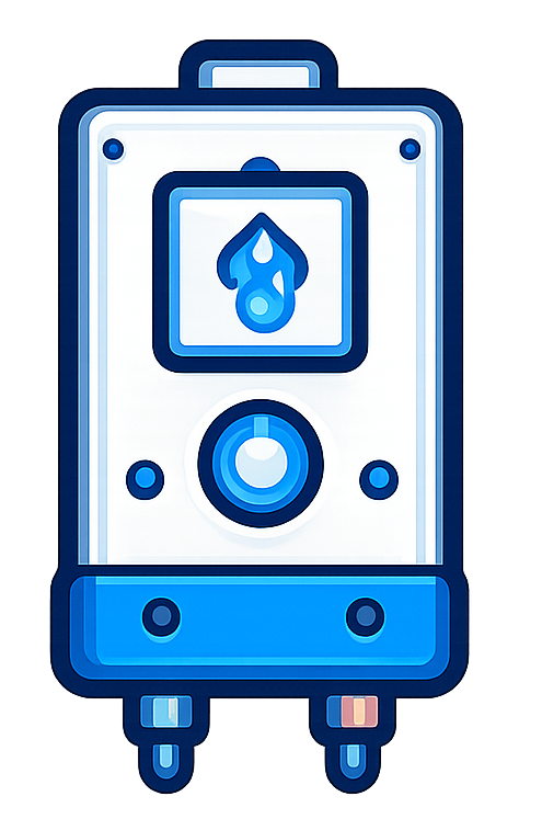 Blue and white water heater icon with droplet symbol and two pipes