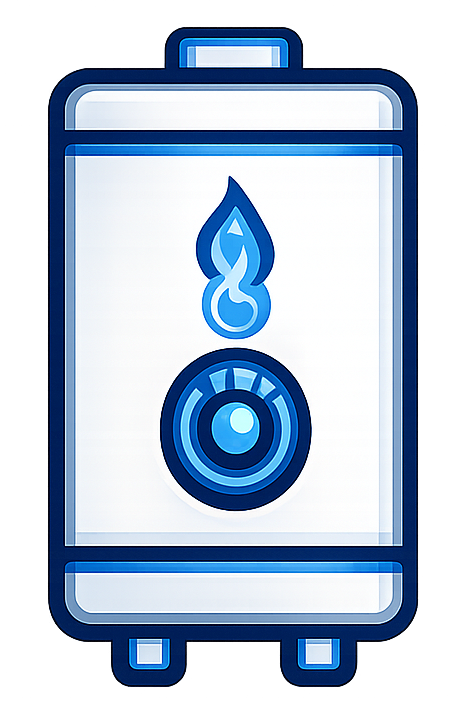White water heater with blue flame and control dial icon