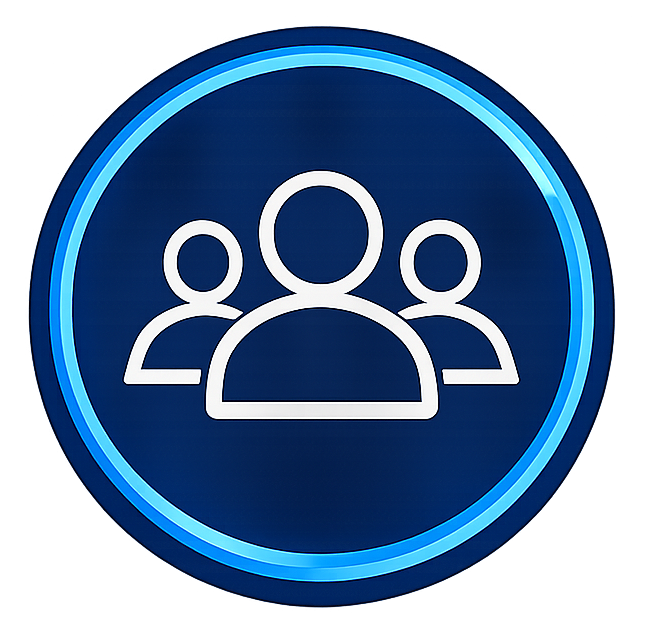 Blue circular icon with three white outlined people silhouettes, representing a group or users