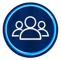 Blue circular icon with three white outlined people silhouettes, representing a group or users