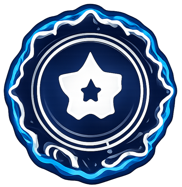 Blue circular badge with a white star-shaped emblem in the center