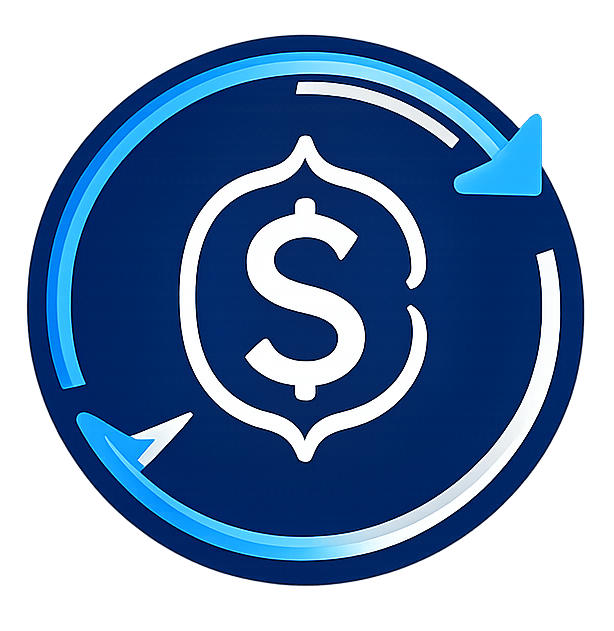Blue circular money refresh icon with white dollar sign and two arrows around it