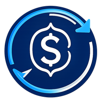 Blue circular money transfer icon with dollar sign and rotating arrows