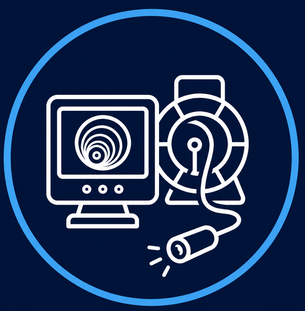 White line icon of a computer and padlock with keyhole on a blue background, symbolizing cybersecurity.