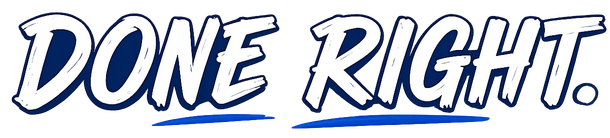 Blue-and-white “DONE RIGHT.” logo in bold italic lettering