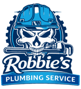 Robbie's Plumbing Service logo with skull in blue hard hat and wrench