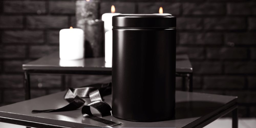 Black funeral urn with candles and ribbon on table representing a trusted funeral home and cremation service in Parkville, PA