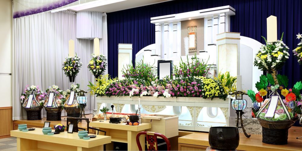Funeral memorial altar with flowers and ceremonial decorations at a trusted funeral home and cremation service in Parkville, PA
