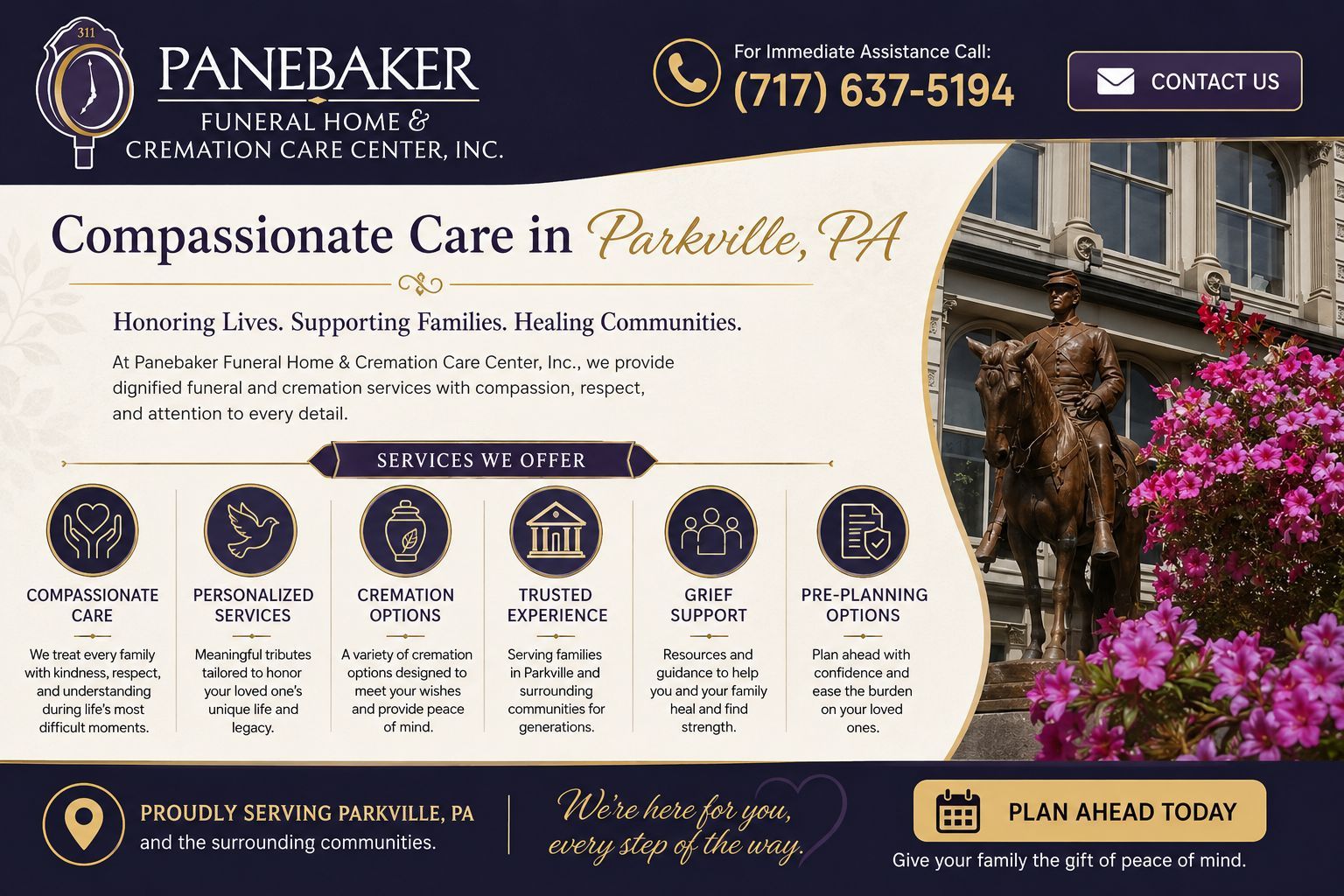 Panebaker Funeral Home infographic featuring funeral and cremation services in Parkville, PA, compassionate care, grief support, planning options.