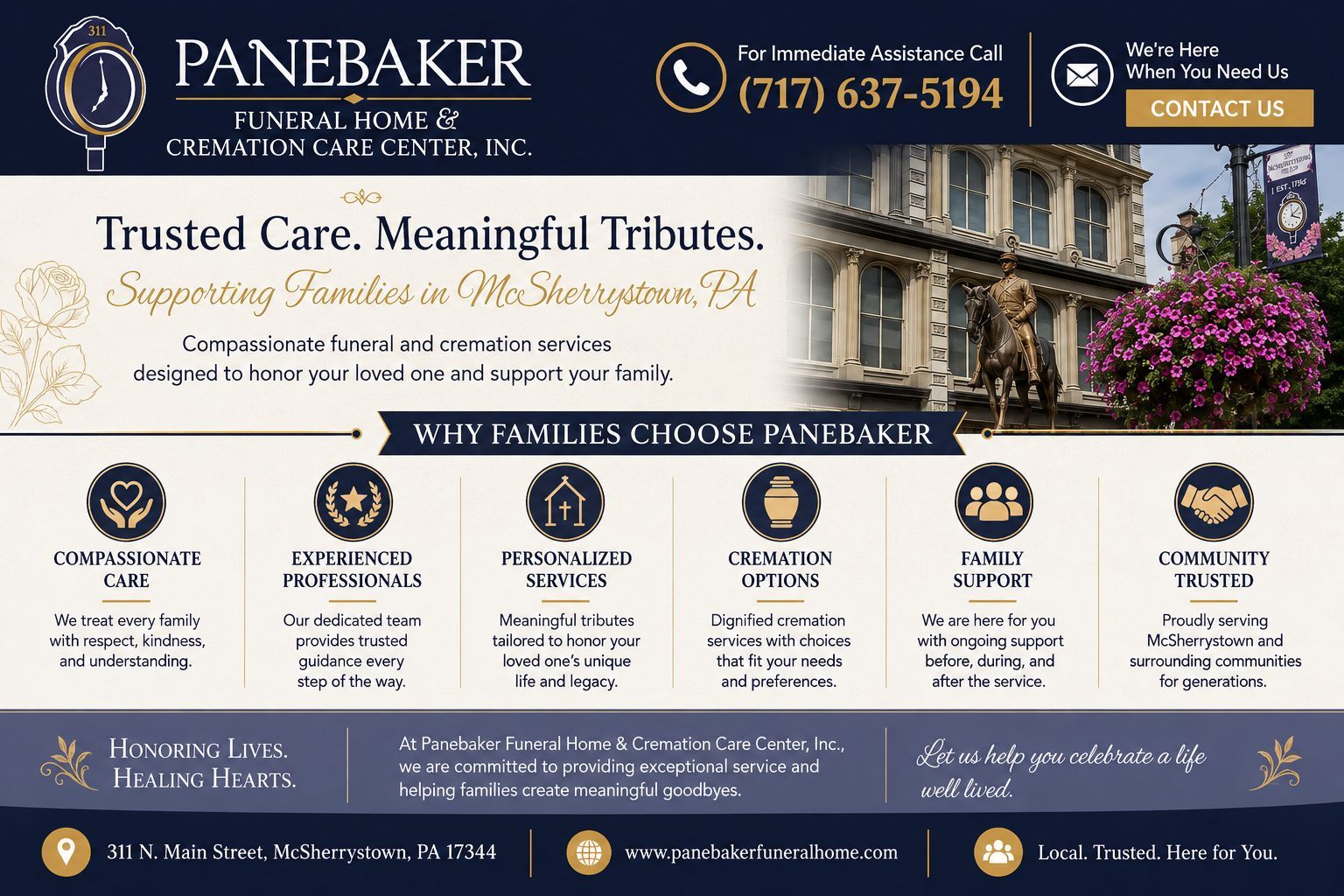 Panebaker Funeral Home infographic highlighting funeral and cremation services in McSherrystown, PA, with compassionate care, support, and tributes.