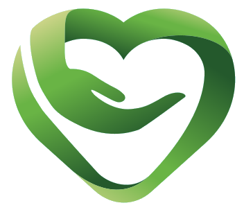 Green heart-shaped logo with a stylized hand inside, suggesting care and support.