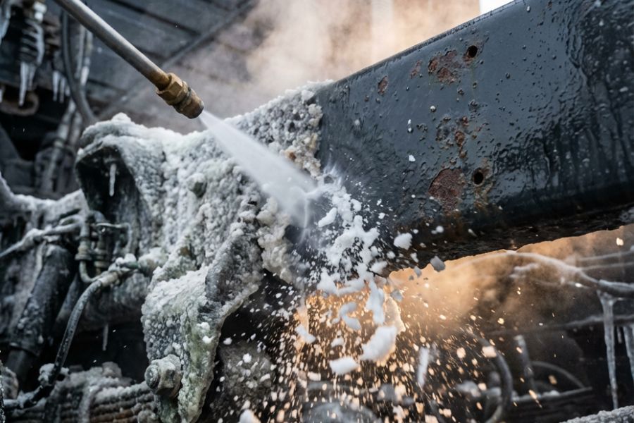 Pressure washer wand blasting thick salt crust off a truck frame rail and suspension components