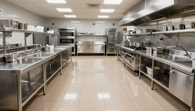 Spotless commercial kitchen after deep clean