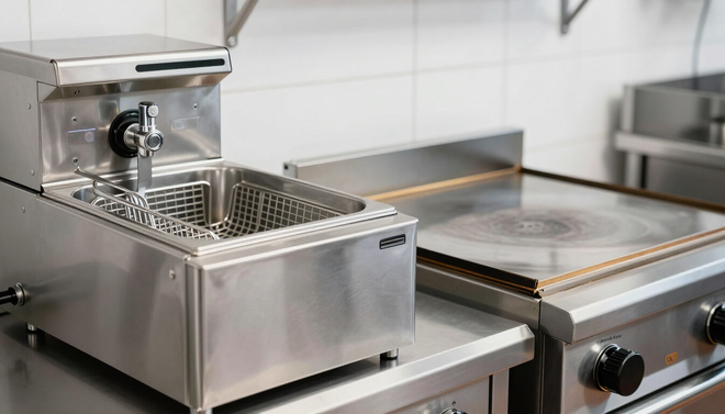 Detailed commercial fryer and grill gleaming