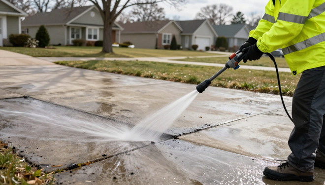 Pressure washing residential driveway