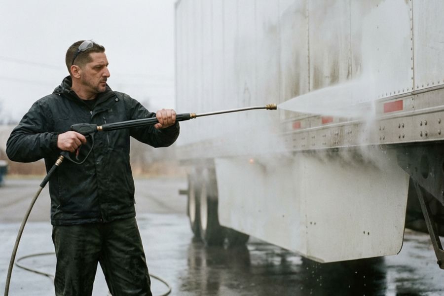 Technician pressure washing the side of a commercial trailer on site at a fleet yard