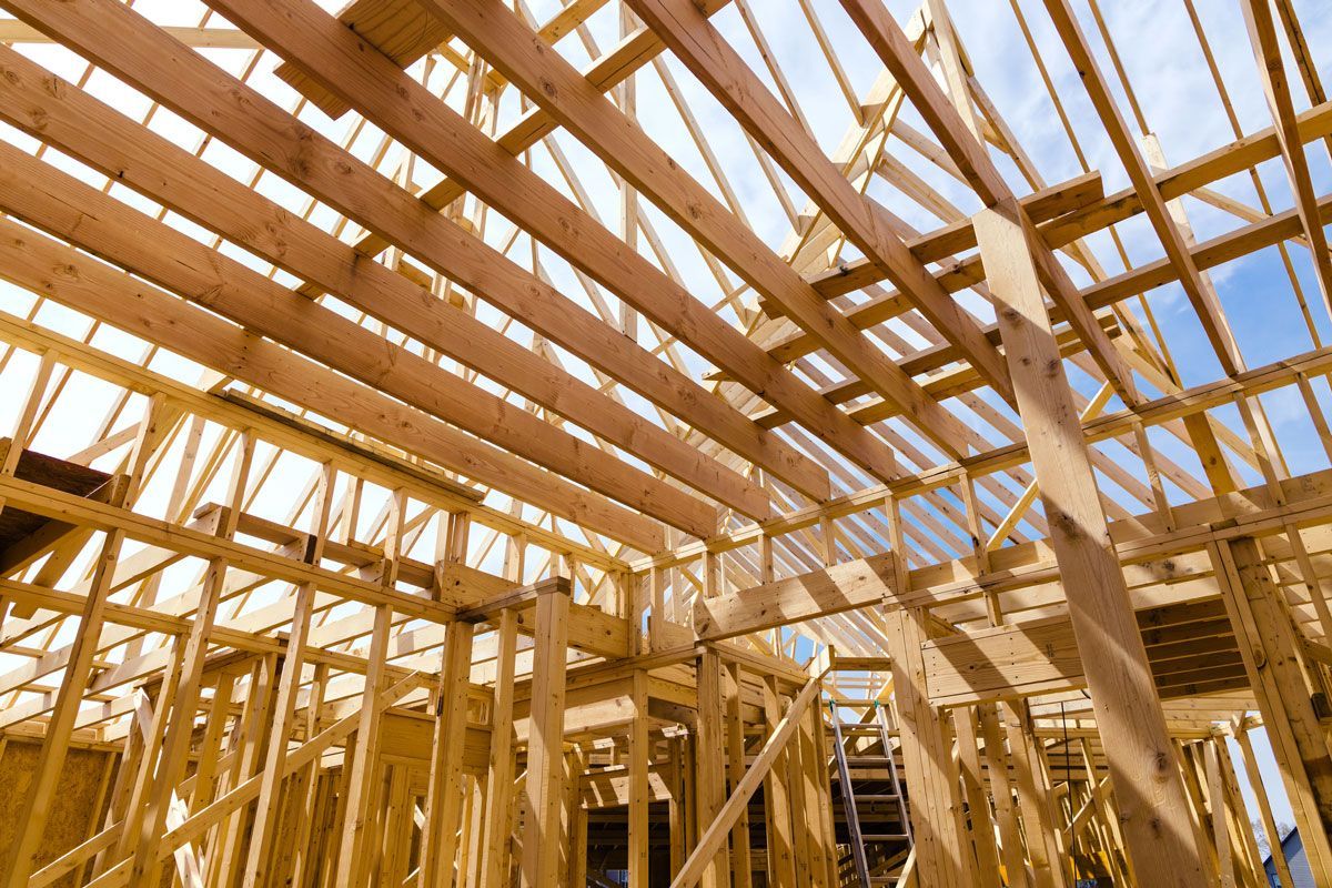 Looking up at the ceiling of a house under construction.