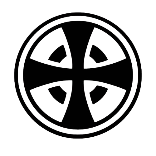 A black and white circular emblem featuring a cross shape with curved edges inside a double-lined circle.