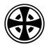 A black and white circular emblem featuring a cross shape with curved edges inside a double-lined circle.
