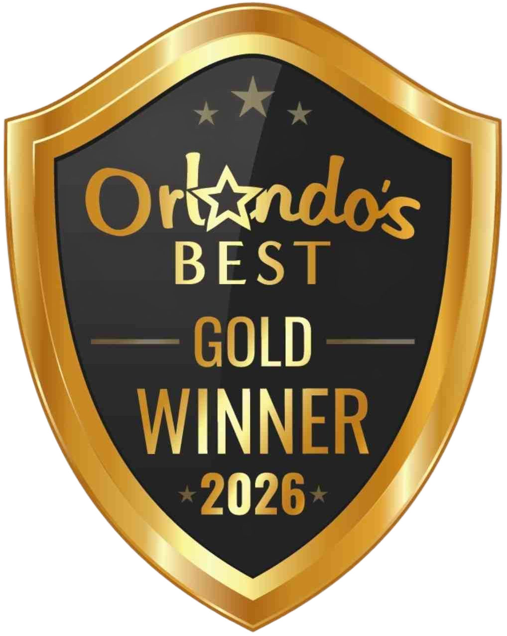 Gold shield badge reading “Orlando’s Best Gold Winner 2026” on a black background with stars.