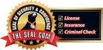 Security seal logo with checkmarks for license, insurance, and criminal check, red and gold design
