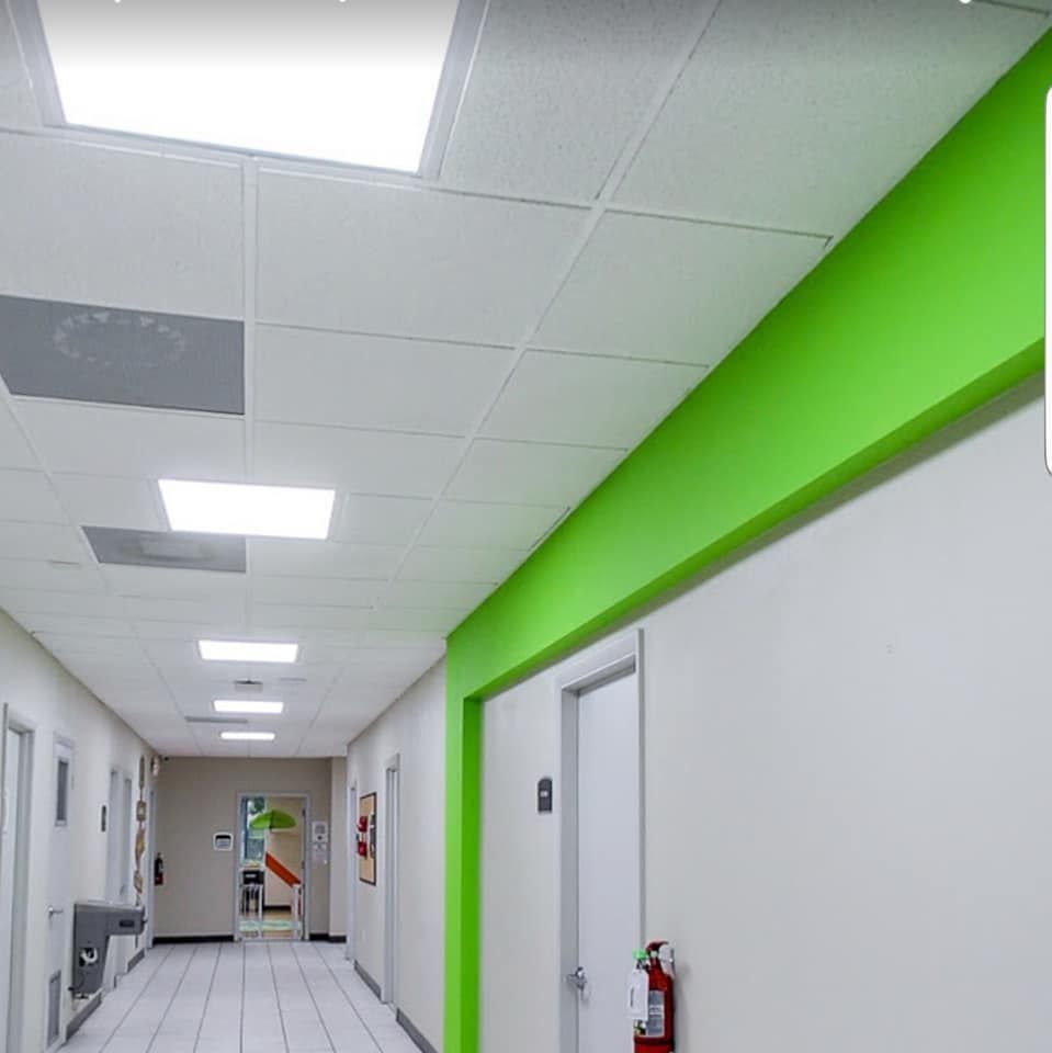Bright hallway with white walls, green accent trim, ceiling lights, and doors along the corridor.