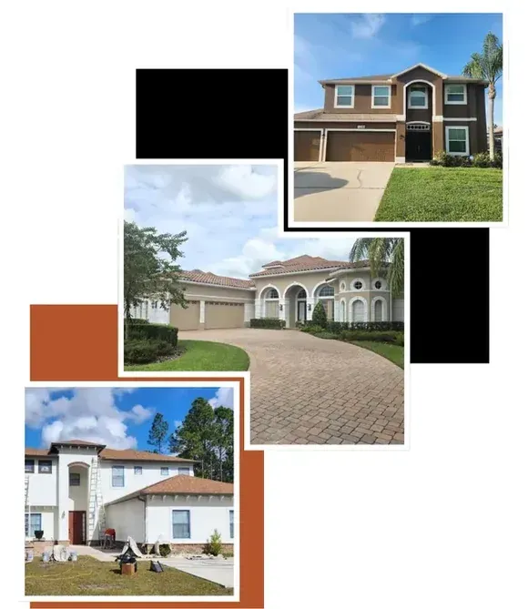 Collage of three suburban house exteriors, including a brick two-story home and two stucco homes.