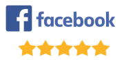 Facebook logo with five gold stars rating below