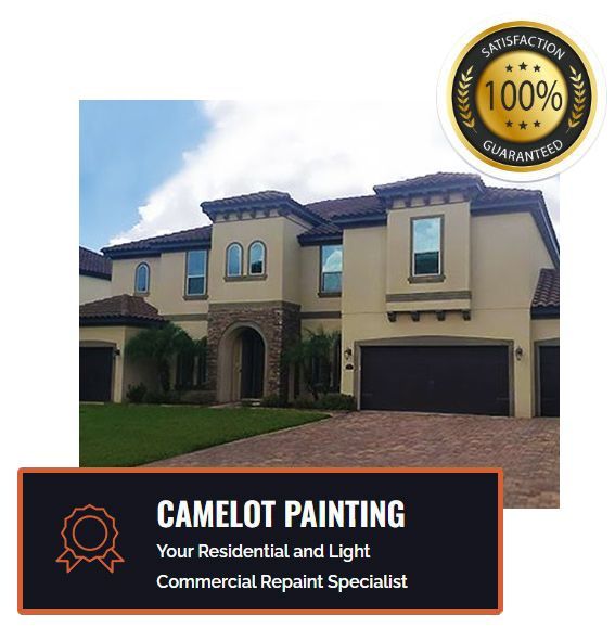 Camelot Painting ad showing a beige two-story house with a 100% satisfaction badge