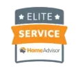 HomeAdvisor Elite Service badge with gray, orange, and white text and stars
